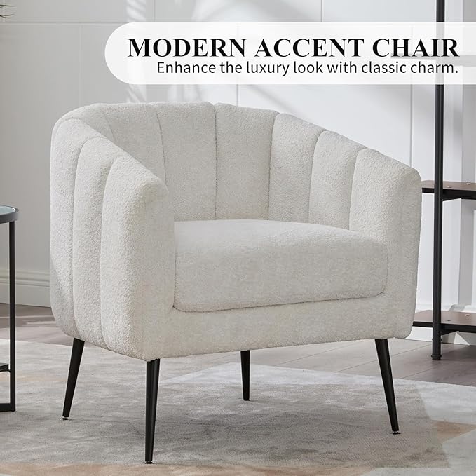 Modern Accent Chair Chenille Upholstered Accent Single Sofa with Metal Legs Tufted Lounge Chair with Wraparound Backrest Leisure Armchair for Living Room Office (Ivory)