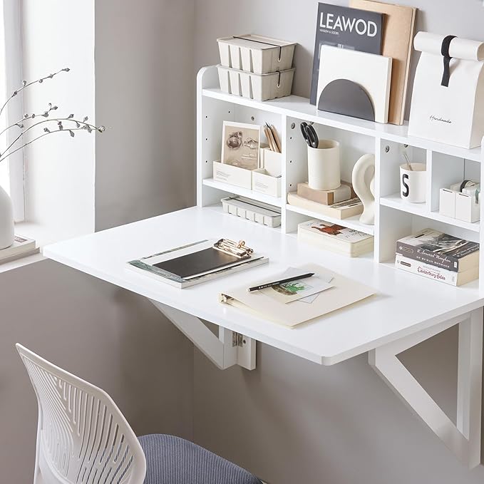 SoBuy Wall Mounted Folding Table Foldable Floating Desk for Small Spaces Fold Down Workstation Table with Adjustable Shelf for Home Office Bedroom or Kitchen White FWT07-II-W