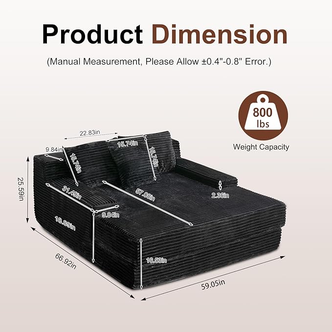 67'' Chaise Lounge Chair Indoor Oversized Upholstered Sofa Bed Modern Deep Seat Sofa Comfy Corduroy Sleeper Couch for LivingroomBedroomNo Assembly (Black)