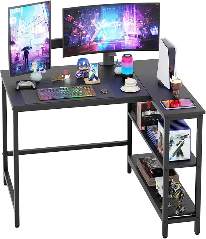 L Shaped Computer Desk 39 Inch Corner Desk with Reversible Storage Shelves Home Office Desk with Metal Frame Modern Simple Style for Home Office Living Room Bedroom Black