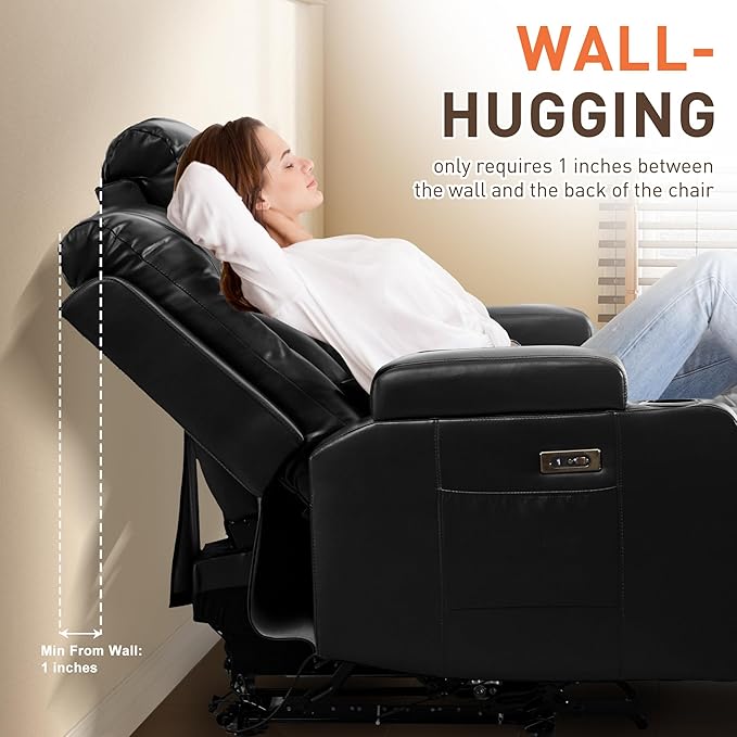 Houjud Wall Hugger Power Recliner Sofa 3-Seater RV Couch Reclining Sofa with LED Lights USB Ports Cup Holders Side Pockets Outlets Drawer for Living Room and Home Theater PU Leather Black