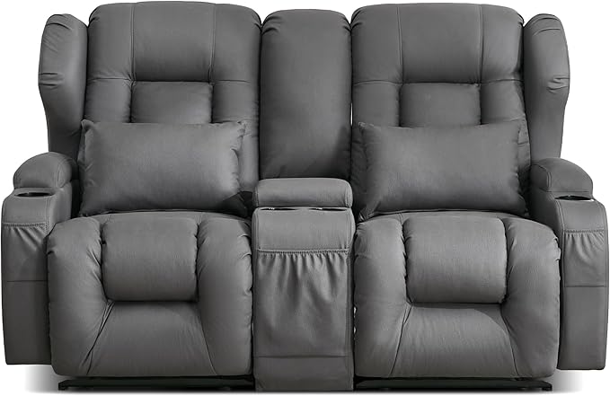 DRMBOOK RV Loveseat Recliner Sofa Double Wall Hugger Reclining Couches Manual Reclinable Movie Seating 2 Person Recliner for Travel Trailer (Leathaire Grey 2 Seater with Standard Console)