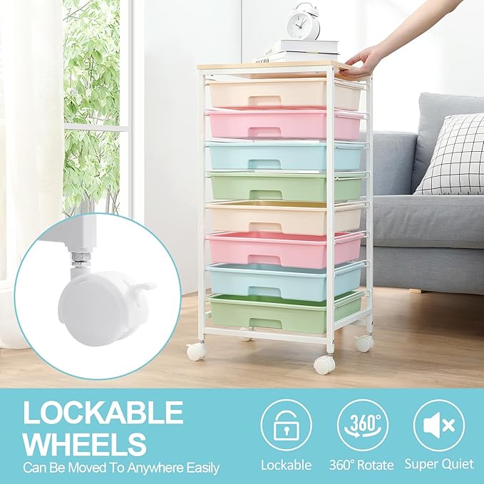 Rolling Storage Cart with DrawersUtility Cart With 8 Drawers and Wooden TabletopRolling Drawer CartStorage Drawer Cart for Living RoomClassroomBedroomBathroomDormOfficeRainbow