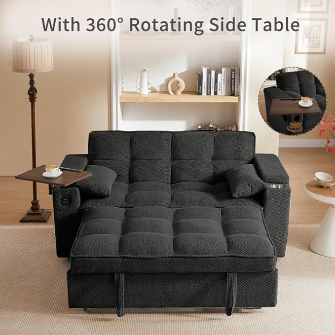 65'' Convertible Sleeper Sofa Bed with Adjustable Backrest Chaise Lounge Side Table &amp USB/Type-C Ports – Stylish &amp Functional Addition to Any Living Room (Black Sofa-1)