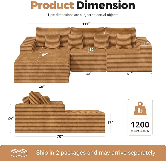 111‘’ Modular Sectional Cloud Couches with L Shaped Upholstered Deep Seat Boneless Sofa for Living Room Bedroom No Assembly Required-Camel
