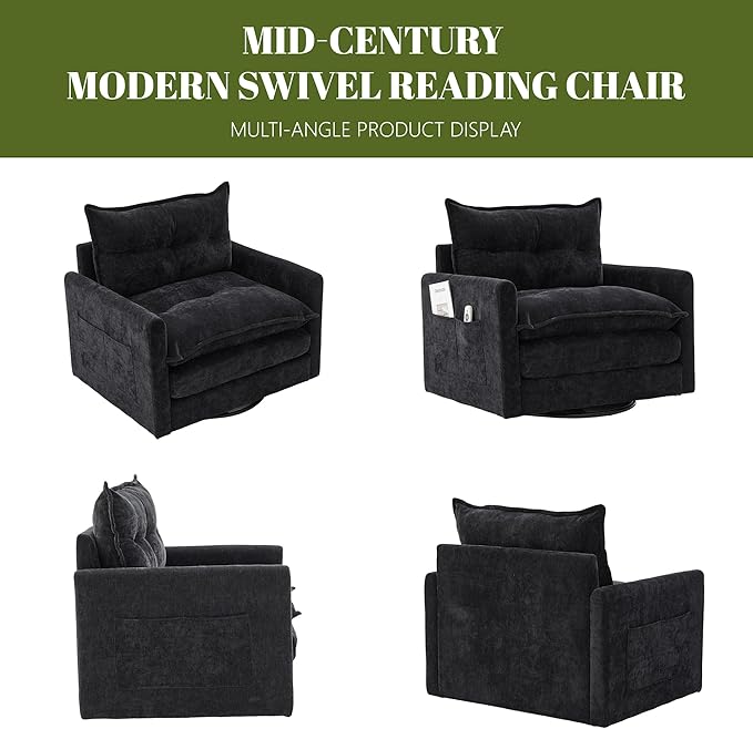 Square Swivel Chairs Set of 2Plush Chenille Upholstered Accent Club Chair with Arms360°Rotation Armchair for ReadingModern Single Cloud Sofa Chair for Living Room(2 Black)