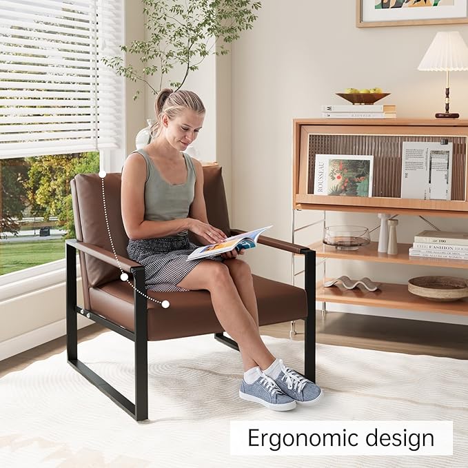 Recaceik Modern Accent Chair Set of 2 Arm Chairs Faux PU Leather Single Large Upholstered Sofa ChairErgonomic Lounge Living Room Chair for Bedroom Waiting Room Office Apartment Small SpaceBrown