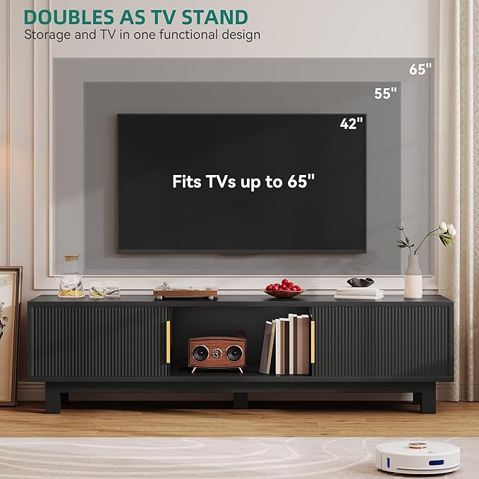 YITAHOME Fluted TV Stands for TVs up to 65 Inches Entertainment Center with Power Outlets &amp Storage Compartments 59 Long Wooden TV Console for Living Room (Black 59)