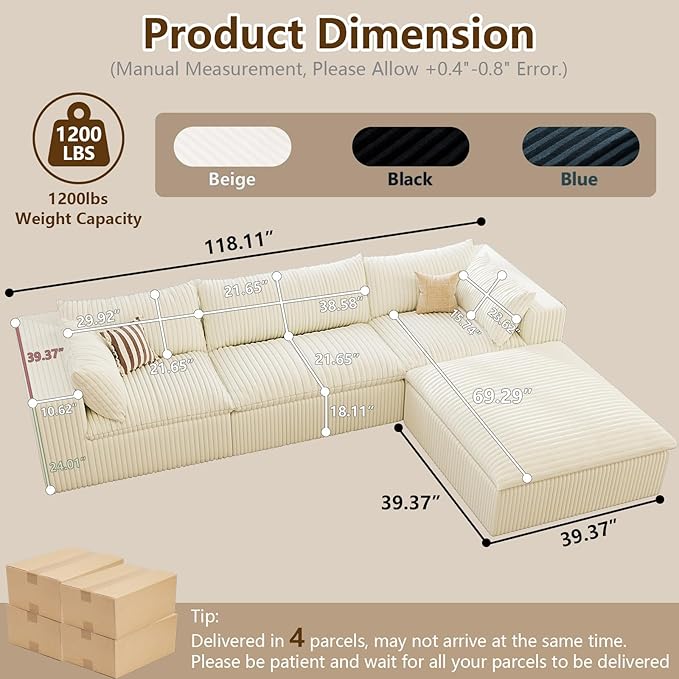 Modular Sectional Sofa Corduroy Plush L Shape Cloud Couch Modern Deep Seat Boneless Couches for Living Room Large Compression Sofas Luxury Fluffy Couchs Sectionals White