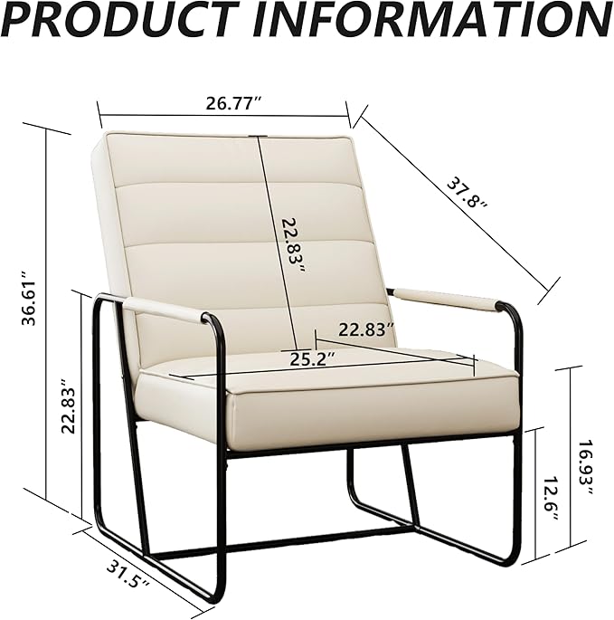 Modern Metal ed Armchair with Beige Technical Leather Stylish Comfortable Indoor Lounge Accent Chair for Living Room OfficeBedroom