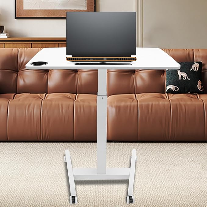 Adjustable Height Mobile Standing Desk with Wheels Pneumatic Lift Rolling Computer Table for Office Home Classroom White Iron Workstation w/Cup Holder &amp Pen Slot