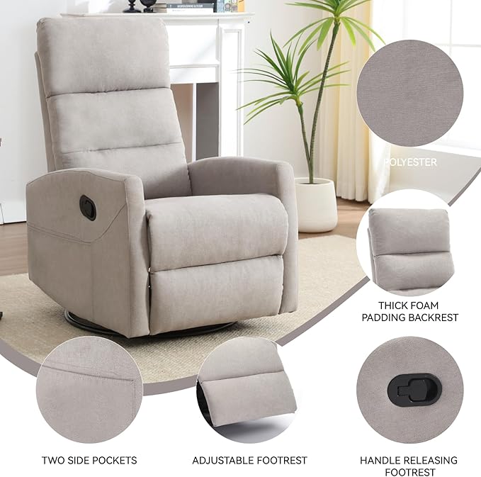 Swivel Rocker Recliner Chair for Adults Rocking Recliner Chair Rocker Nursery Glider ChairRecliners for Small Spaces Manual Recliner Single Sofa for Living Room Nursery (Khaki)