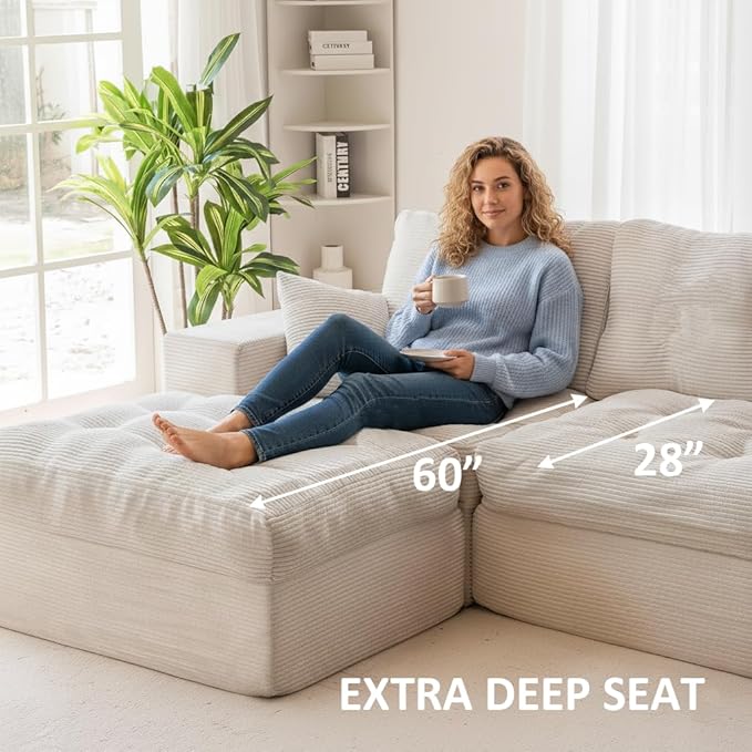 105 Convertible Sectional Couch with L-Shape Chaise Modern Modular Sofa with Deep Seat 3-Seater Comfy Cloud Couches (Beige Cloudy Couch with Right Facing Chaise)