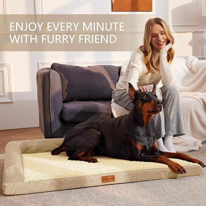 Patas Lague Orthopedic XL Dog Bed Large Sized Dog 48''X30'' Waterproof L Bolster Big Large Pet Sofa Beds with Removable Washable Cover Soft Comfortable Pet Couch Crate Mat with Nonskid Bottom Cream
