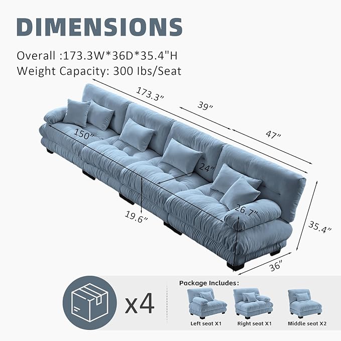 173.3 Oversized Modular Sectional Sofa 4-Seater Cloud Couch with Pillows for Living Room Home Theater ApartmentChenille Fabric（Sky Blue）