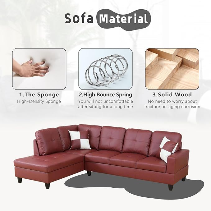Red L-Shaped 3-Piece Faux Leather Sofa with Storage Ottoman Set Sectional Couch Leather-Like Sofa Set for Living Room Office Small Space