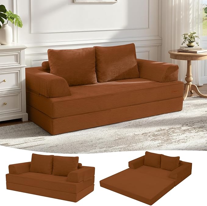COMAX Convertible Sofa Bed Folding Floor Couch Corduroy Fold Out Couch Bed Futon Sleeper Mattress with Pillows Boneless Sofa Comfy Lounge Loveseat for Living Room Bedroom Orange