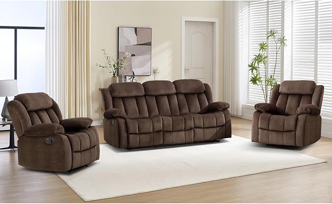 EBELLO Manual Reclining Sofa Set Classic Recliner Sofa with Overstuffed Arms and Backrest Includes 2 Recliner Chair and 1 3-Seat Couch Brown