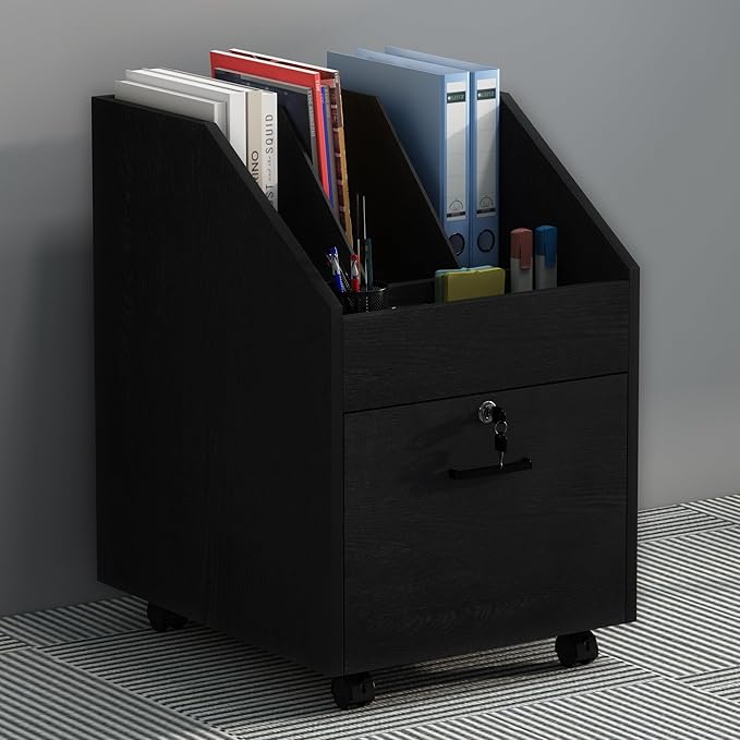 Mobile File Cabinet with LockUnder Desk Rolling File Cabinets for Home OfficeWood Filing Cabinet (Black)