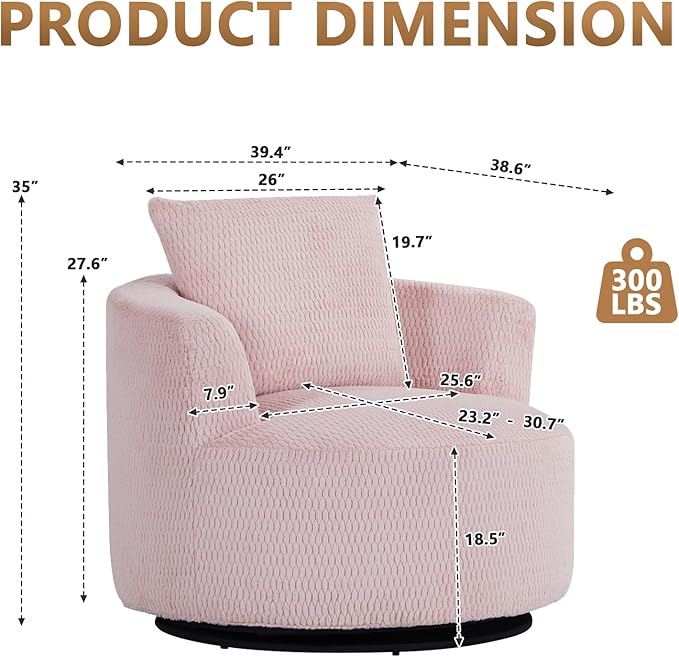 mikibama Swivel Accent Chair 360° Round Swivel Barrel Chair with Pillows Upholstered Corduroy Armchair Sofa Chair for Living Room Bedroom Reading Room Pink