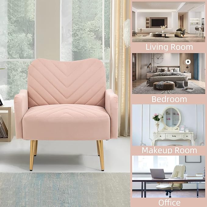 Velvet Accent Chair Comfy Upholstered Living Room Arm Chair Single Reading Sofa Chairs for Bedroom Office Small Spaces Waiting Room Furniture (Pink Chair)