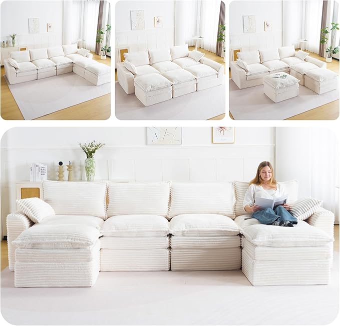 145 Modular Sectional Sofa Comfy Cloud Sectional Couch with Deep SeatOversized U Shaped Boneless Couch with OttomanUpholstered Boneless Cloud Couch with Side PocketsCorduroyBeige