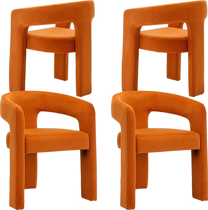 Wahson Orange Dining Chair Set of 4 Velvet Upholstered Modern Barrel Chair Round Dining Chairs with Wooden Legs Assembled Accent Armchairs for Dining Room/Living Room/Bedroom/Side