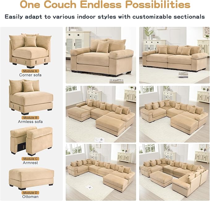 92 Corduroy Sectional Couches for Living Room Camel Comfy Oversized Sectional Sofa Set with Deep Seat Large Love Seat Couches Sofas para Sala Loveseat Couch with Chaise Lounge