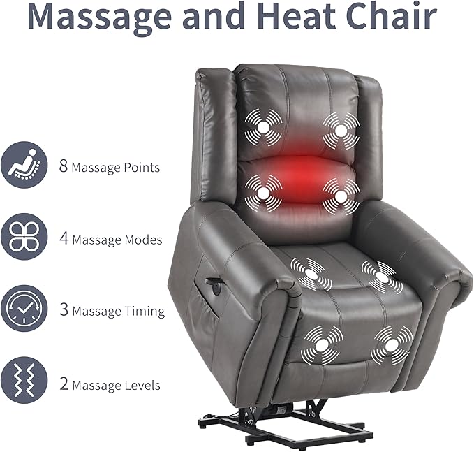 Power Lift Recliner Chair with Massage and Heating PU Leather Electric Recliner Sofa with USB Charger 300lbs Capacity Lift Chair 8-Point Massage &amp Lumbar Heating Easy Assembly(Gray)