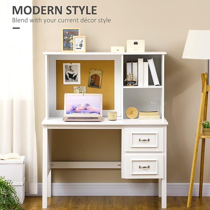 Computer Desk with Drawers Shelves Home Office Desk with Storage Corkboard Workstation Table with Cable Hole White