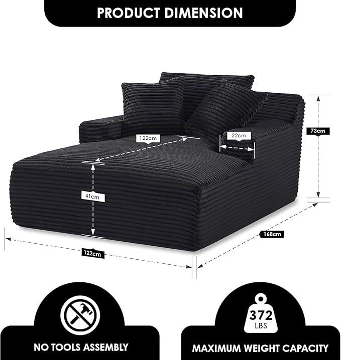 Container Furniture Chamden Oversized Chaise Lounge Chair Modern Corduroy Sofa Bed with Full Foam Cushioning Cozy Convertible Sleeper for Living Room or Bedroom Black