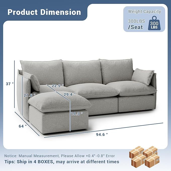 94.6 Cloud Modular Sectional Sofa Waterproof Down Filled Sectional Sofas High Backrest L Shaped 3 Seater Sectional Couches with Ottoman Modular Couch with Removable Cover Light Gray
