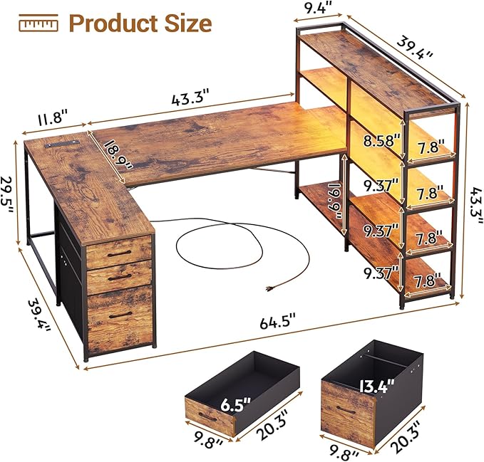 SEDETA L Shaped Desk with Storage Shelves 64.5 Reversible U Shaped Office Desk with 3 Fabric Drawers Gaming Desk with Power Outlet &amp LED Strip for Home Office Rustic Brown