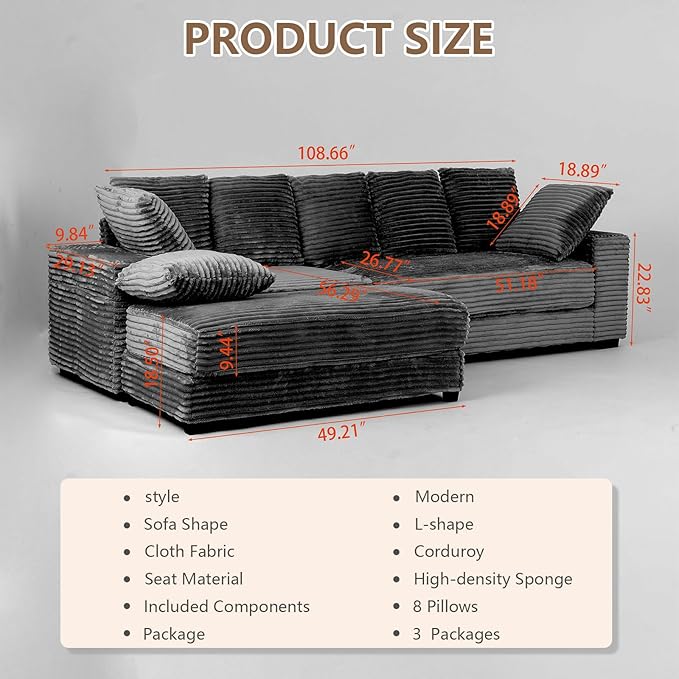 108.6 Sectional Sofa with Storage OttomanModern Cloud Couch with Deep Seat Modular Sectional Couches for Living Room Apartment Office Green