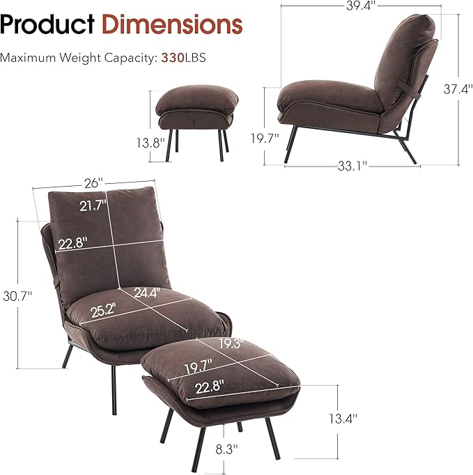 MCombo Modern Accent Chair with Ottoman Leathaire Fabric Armless Chair Upholstered Leisure Chairs for Small Space Living Room &amp Bedroom LW951 (Dark Brown)