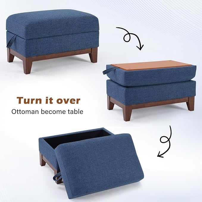 Multifunctional Storage Ottoman with Flip-Top Table Upholstered Soft Fabric Footrest with Storage Space Stylish Coffee Table with Solid Wood Legs for Living Room Blue