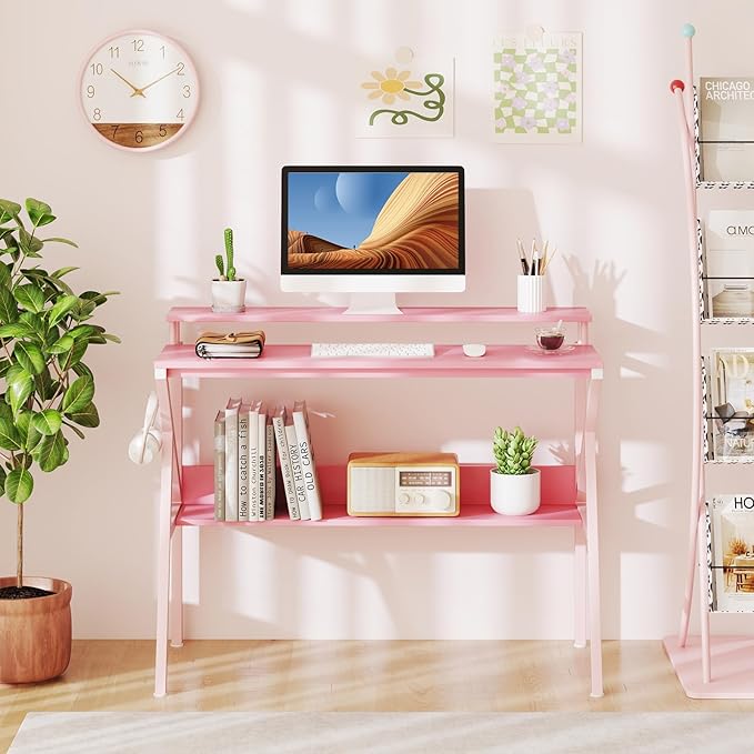 Giantex Small Desk with Storage Compact Computer Desk for Small Spaces with Monitor Stand Metal Frame &amp Earphone Hook Laptop PC Table Modern Writing Desk for Home Office Bedroom (Pink)