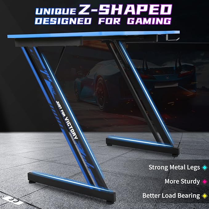 35 Inch Gaming Computer Desk with Headphone Hook Z-Shaped PC Gaming Table Home Office Desks Gaming Desk for Small Places Carbon Fiber Surface Simple Installation Black