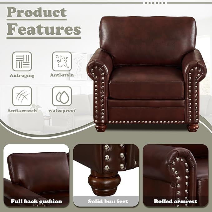 Antetek Comfy Upholstered PU Leather Sofa 82.6-inch Mid-Century Modern Loveseat Sofas with Storage Space &amp Solid Bun Feet 3-Seater Couches for Living Room Small Space Bedroom Brown