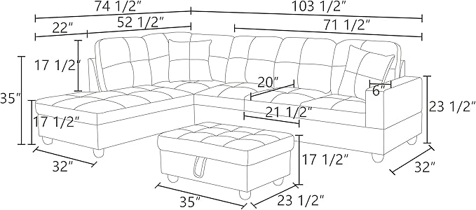 Sectional Couch for Living Room Furniture SetsBrown Leather Sectional Sofa L Shape Couch with Chaise and Storage Ottoman for Living Room/Apartment/Office（Facing Left Chaise）