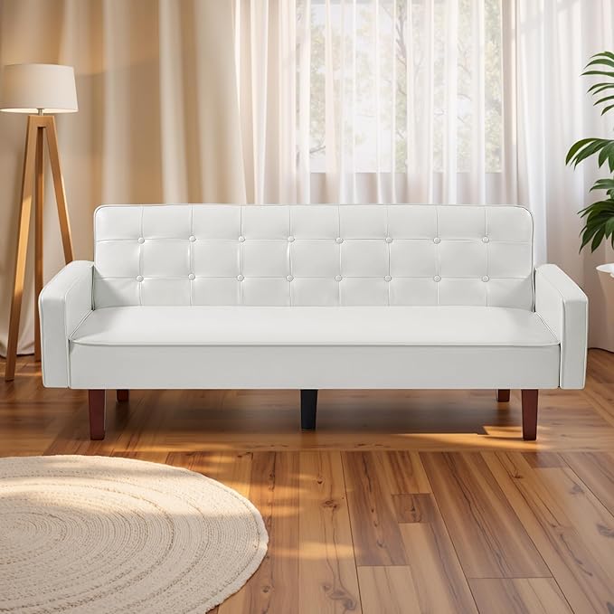 74 Modern Futon Couch Futon Sofa Bed Mid Century Sofa Bed Loveseat Couches for Small Spaces Living Room Bedroom (Faux Leather White)