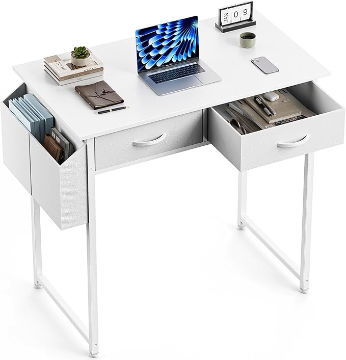 Sweetcrispy Computer Desk Small 32 Inch Home Office Bedroom Writing Study PC Table with Fabric Storage Drawers Space Side Bag Headphone Hook Metal Frame Adjustable Feet Modern Simple Style White Wood