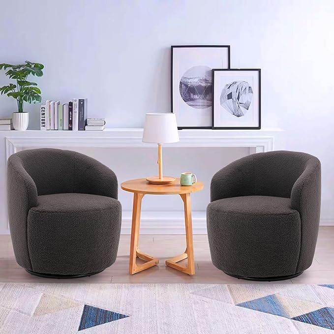 KIVENJAJA Swivel Barrel Chair Teddy Sherpa Upholstered Modern Round Accent Arm Chairs 360 Degree Swivel Small Single Sofa Armchair for Nursery Living Room Bedroom (Teddy Dark Grey)