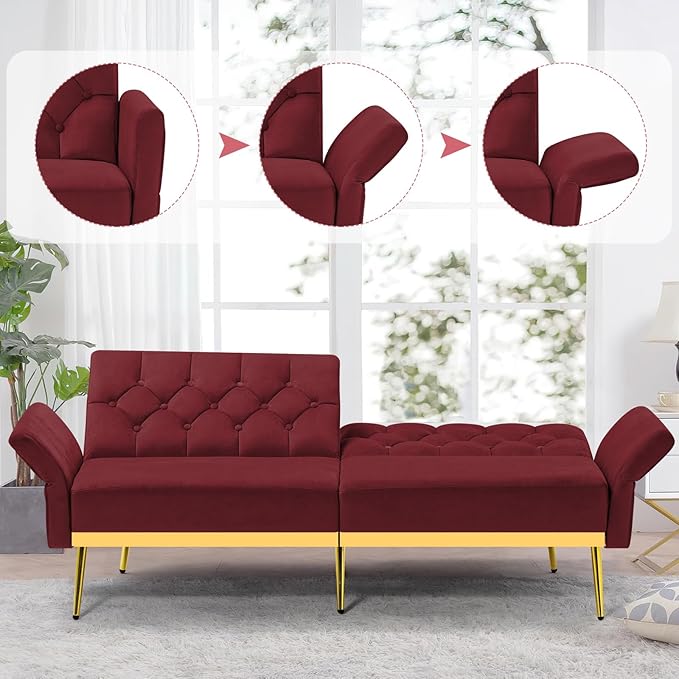 Velvet Sofa Bed w/Adjustable Armrests &amp Backrests Modern Convertible Sleeper Sofa Tufted Futon Sofa for Bedroom Living Room Apartment Red