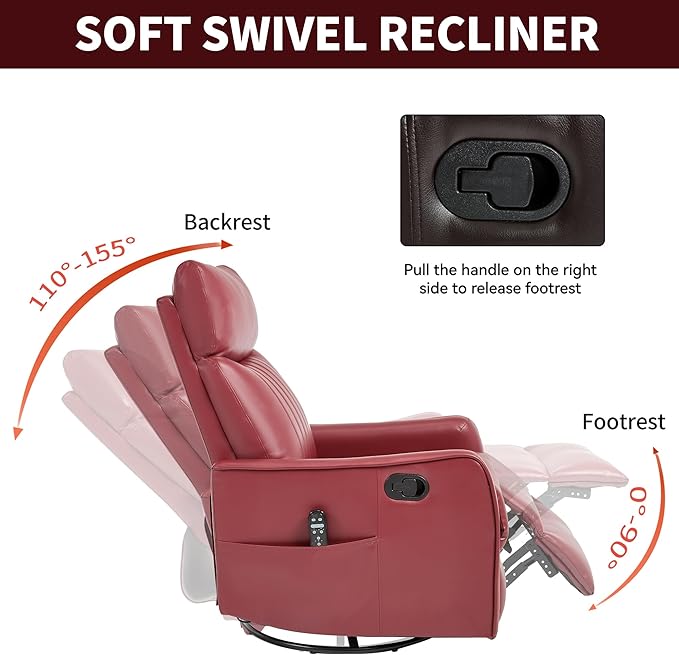 360°Rotating Heated Massage Chair with 8 Vibrating nodesComfortable Rocking Chaise Lounge with Black Metal Base Single Sofa for Living RoomBedroomOfficeRed Faux Leather
