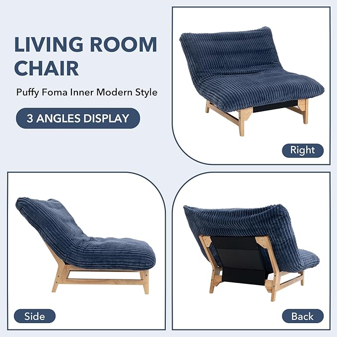 Modern Accent Chair Comfy Corduroy Upholstered Living Room Chair with Cushion Comfortable Accent Sofa Chair with Wooden Frame Armless Lazy Sofa for Living Room Bedroom (Blue) | Cushion