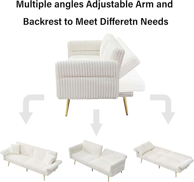 79'' White Futon Sofa Bed Corduroy Upholstered Folding Loveseat Couch with Adjustable Backrest and ArmrestsSleeper Sofa with Gold Metal Legs for Small Space Living Room (White)