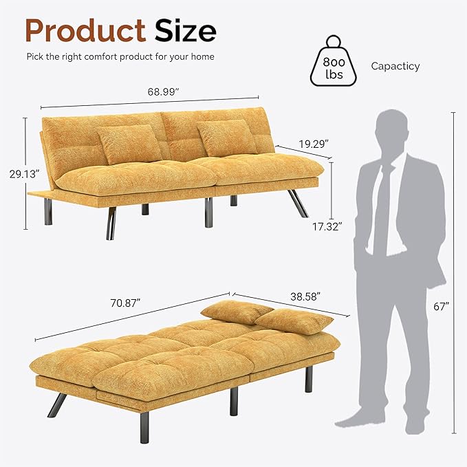 Futon Sofa Bed Convertible 70 inch Solid Wood Couch for Living Room Chenille Fabric 2 Cushions (Caramel Orange)