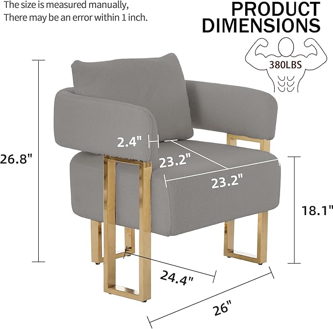 YITAI Modern Accent Chairs no Wheels Living Room Side Chairs Set of 2 with Golden Metal Legs Barrel Soft Teddyt Upholstered Reading Armchairs for OfficeReception RoomBedroomLoungeGrey