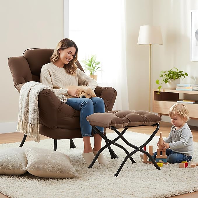 LITA Lazy Chair with Ottoman Modern Accent Leisure Upholstered Sofa Chair Contemporary Lounge Reading Chairs with Armrests and a Side Pocket for Living Room Bedroom &amp Small Space Dark Brown